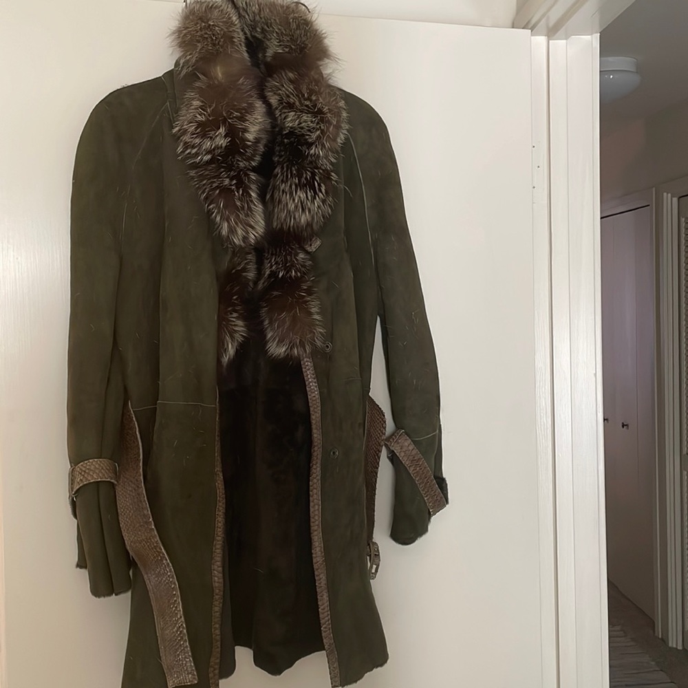 Olive green shearling coat,w/ snake trim, and fur collar- square button closure.